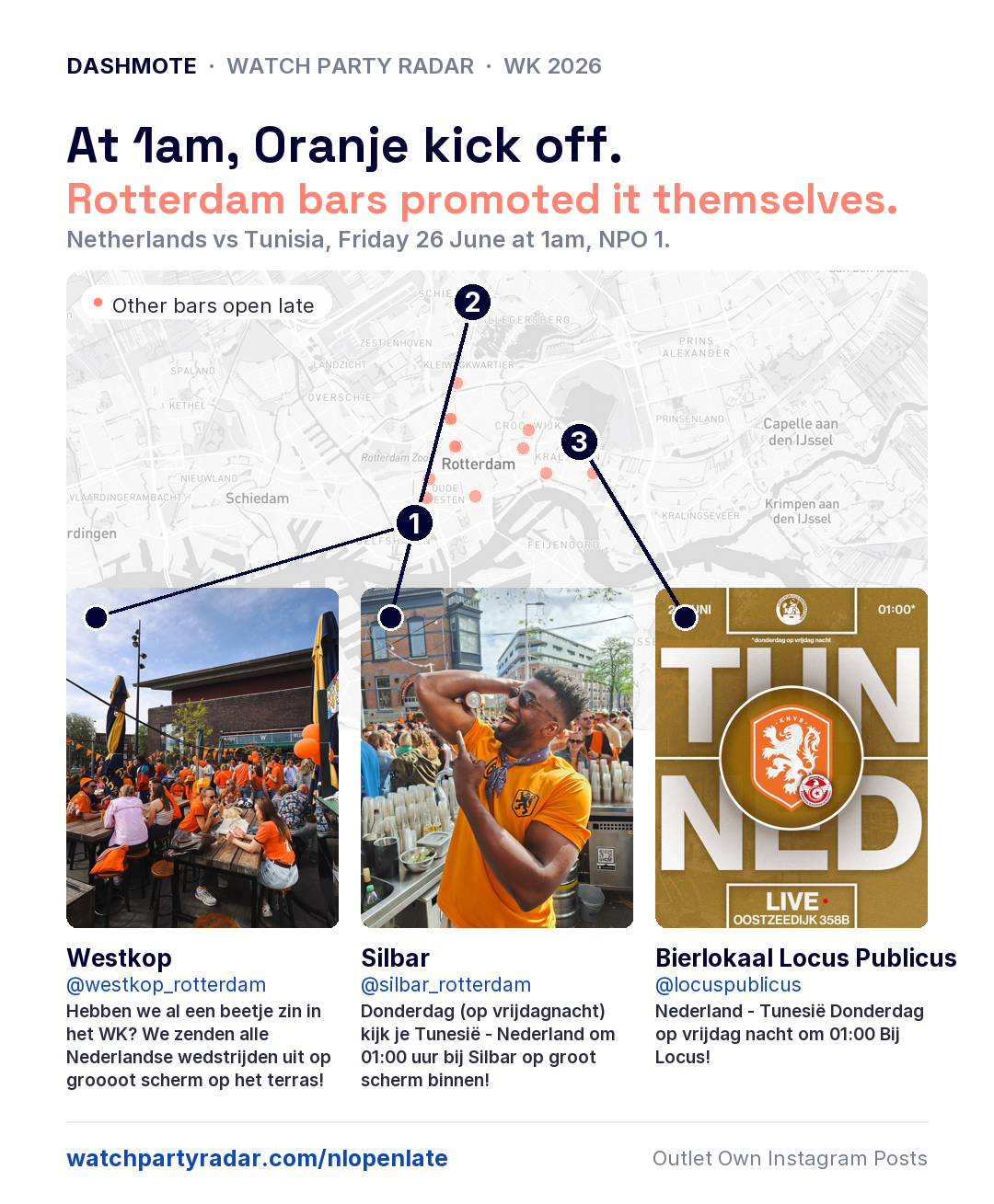 Kaart van kroegen die Nederland - Tunesie uitzenden in Rotterdam
