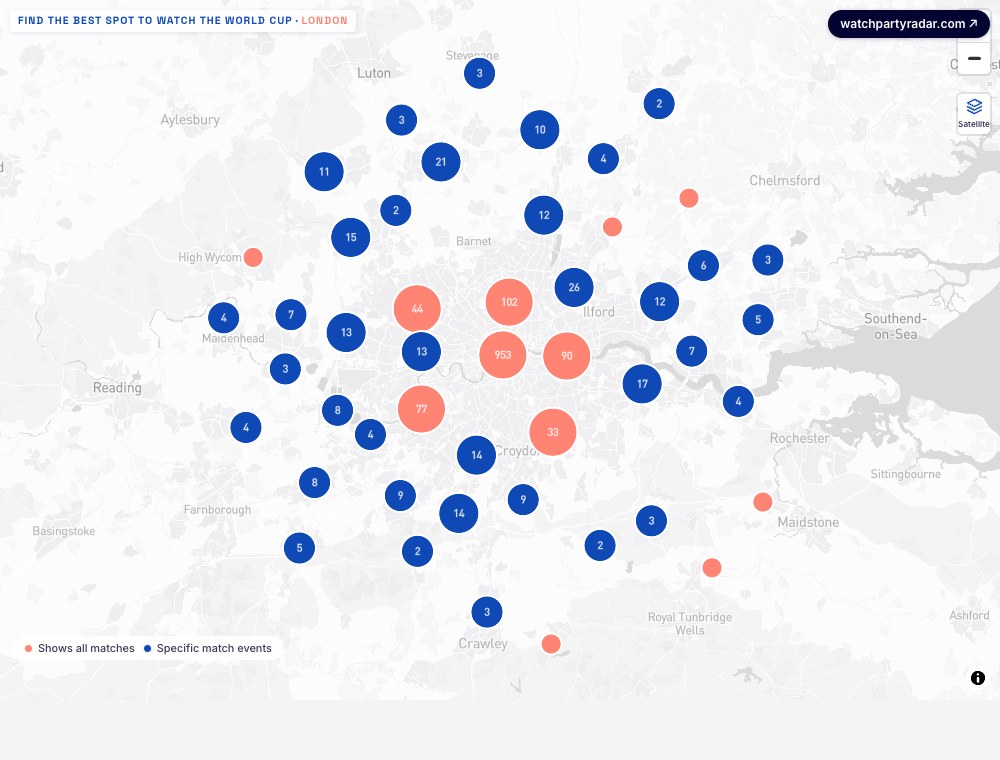 The Watch Party Radar map of London, showing 1,593 World Cup 2026 watch venues
